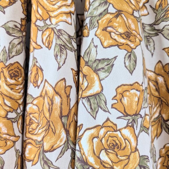 Beige A-Line Basque Waist Midi Skirt with Mustard Yellow Roses - Has Pockets XS - Picture 6 of 11